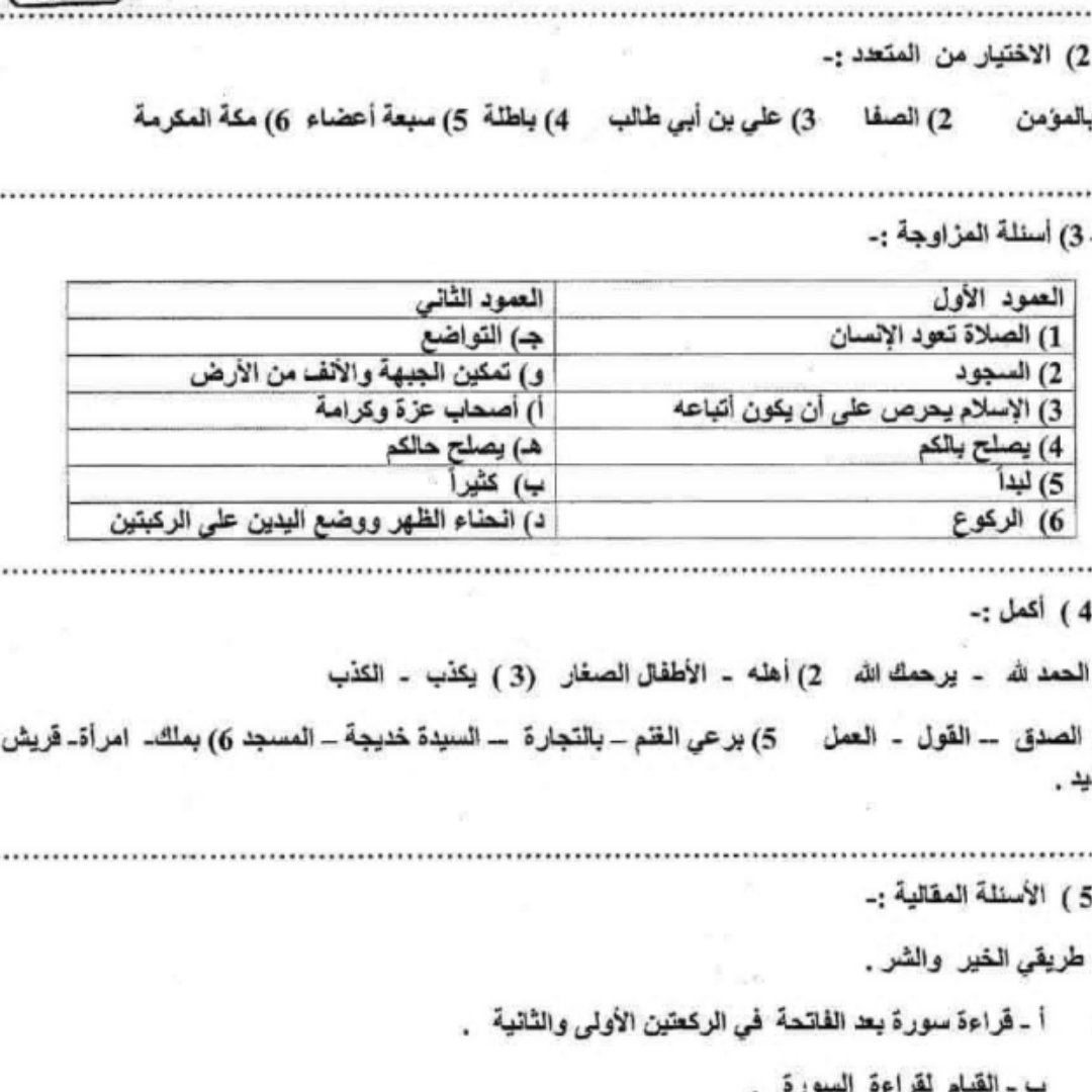 اسئلة استرشادية التربية الاسلامية الصف الرابع الفصل الثاني ليبيا