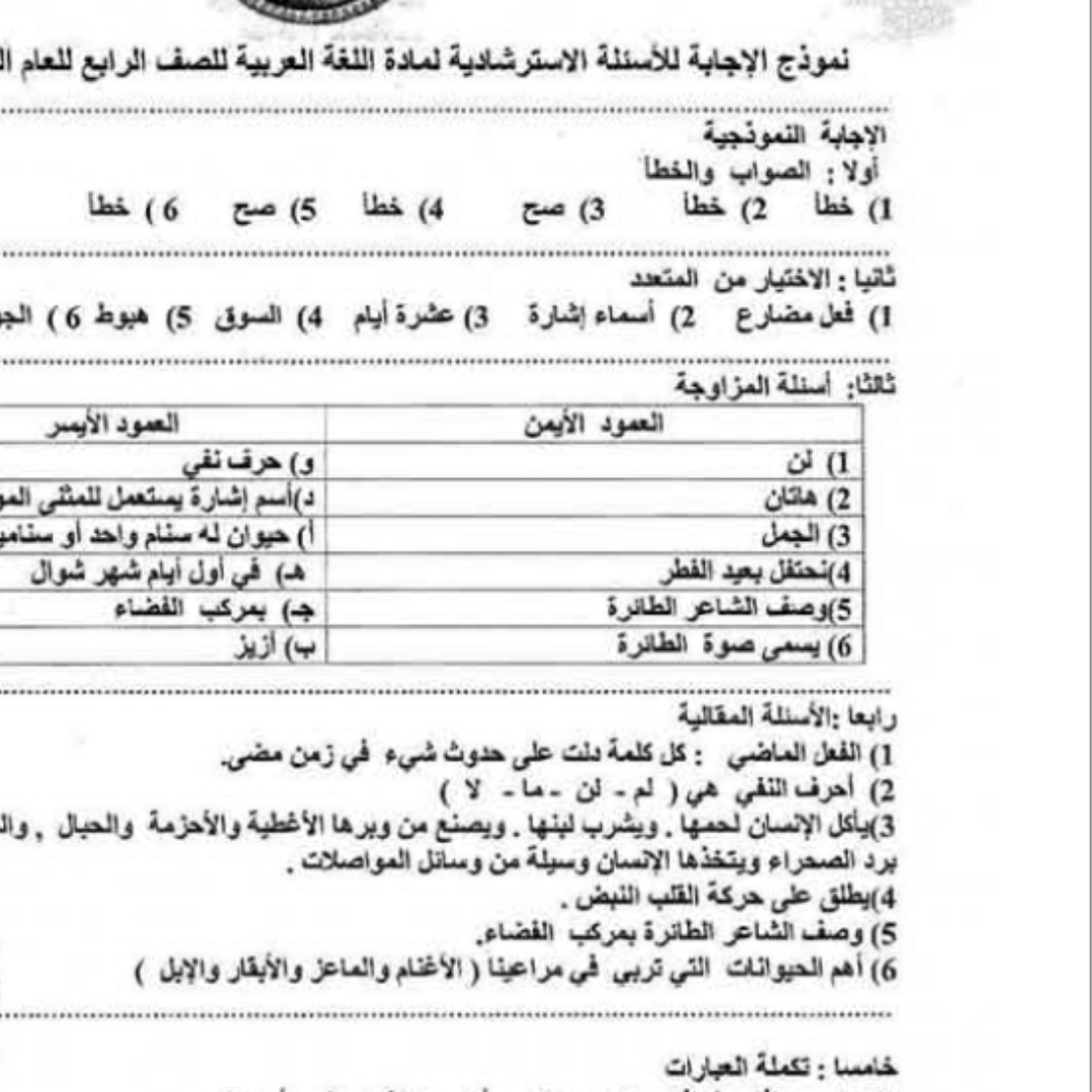 اسئلة استرشادية اللغة العربية الصف الرابع الجزء الثاني ليبيا