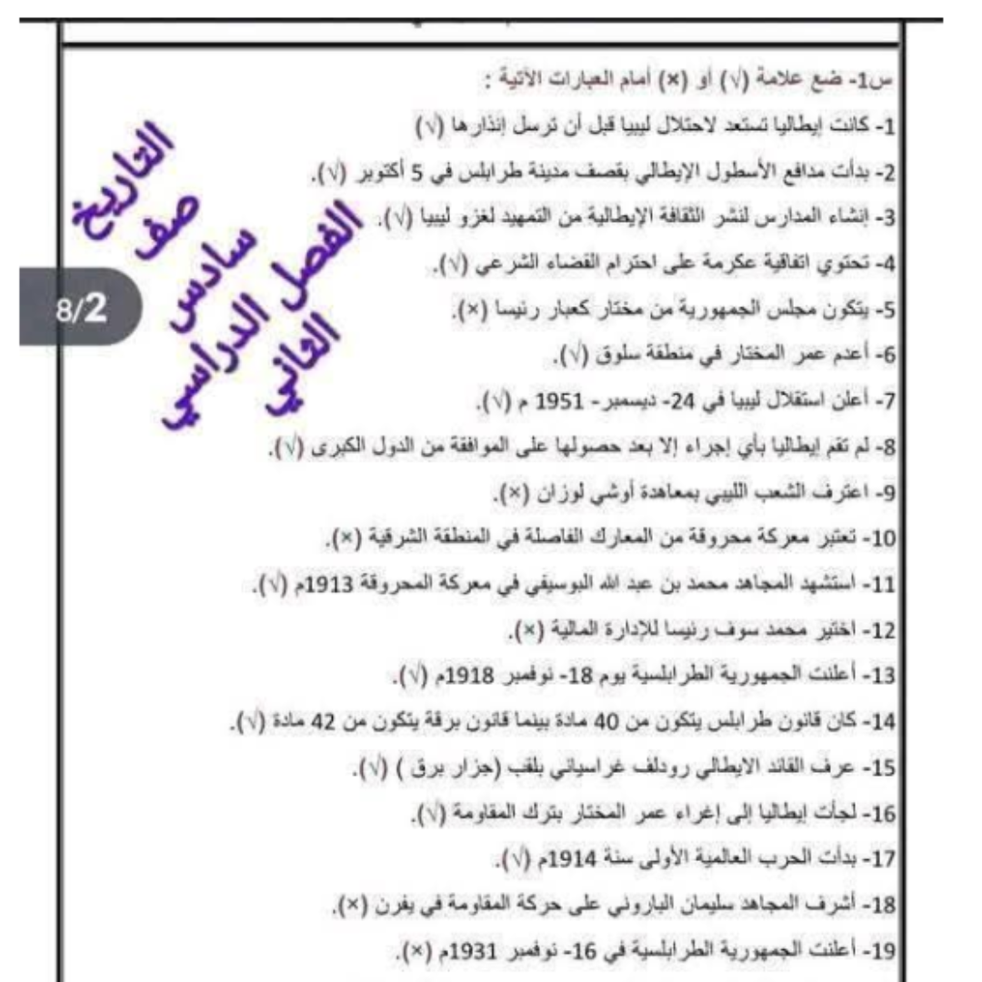 اسئلة استرشادية مادة التاريخ الصف السادس الفصل الثاني ليبيا