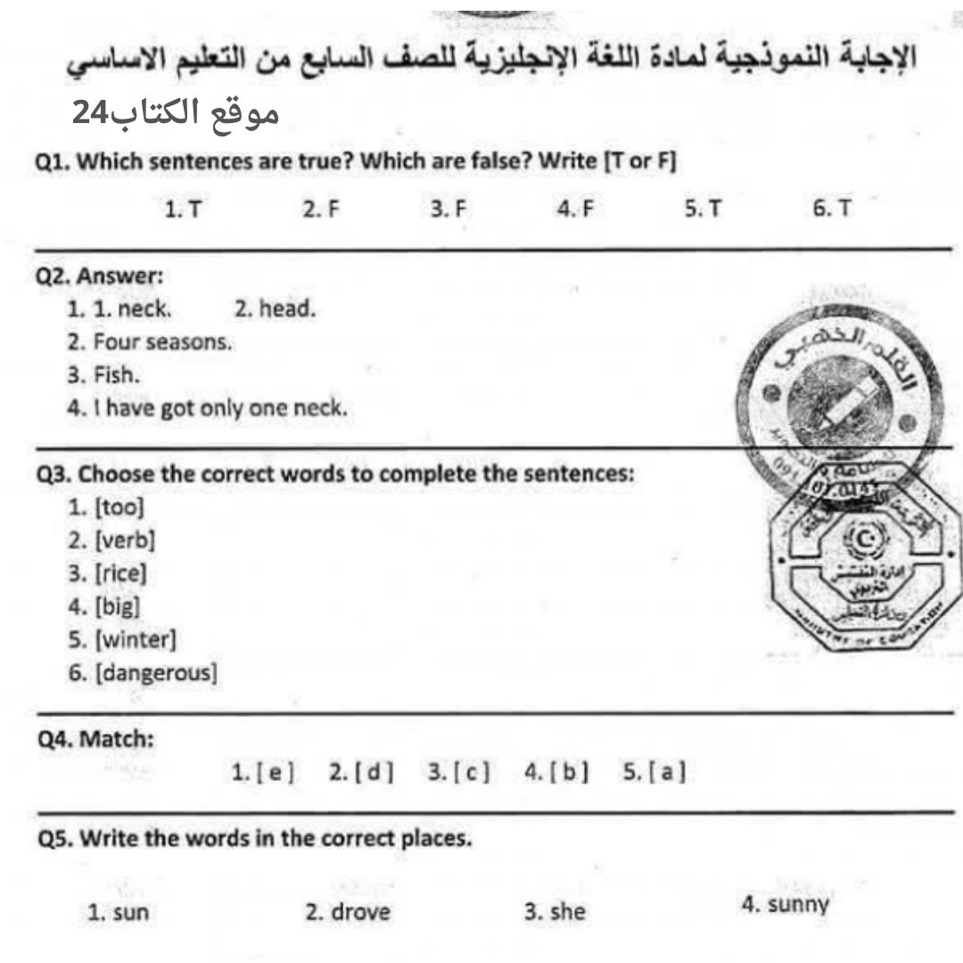 اسئلة استرشادية انجليزي الصف السابع الفصل الثاني ليبيا محلول