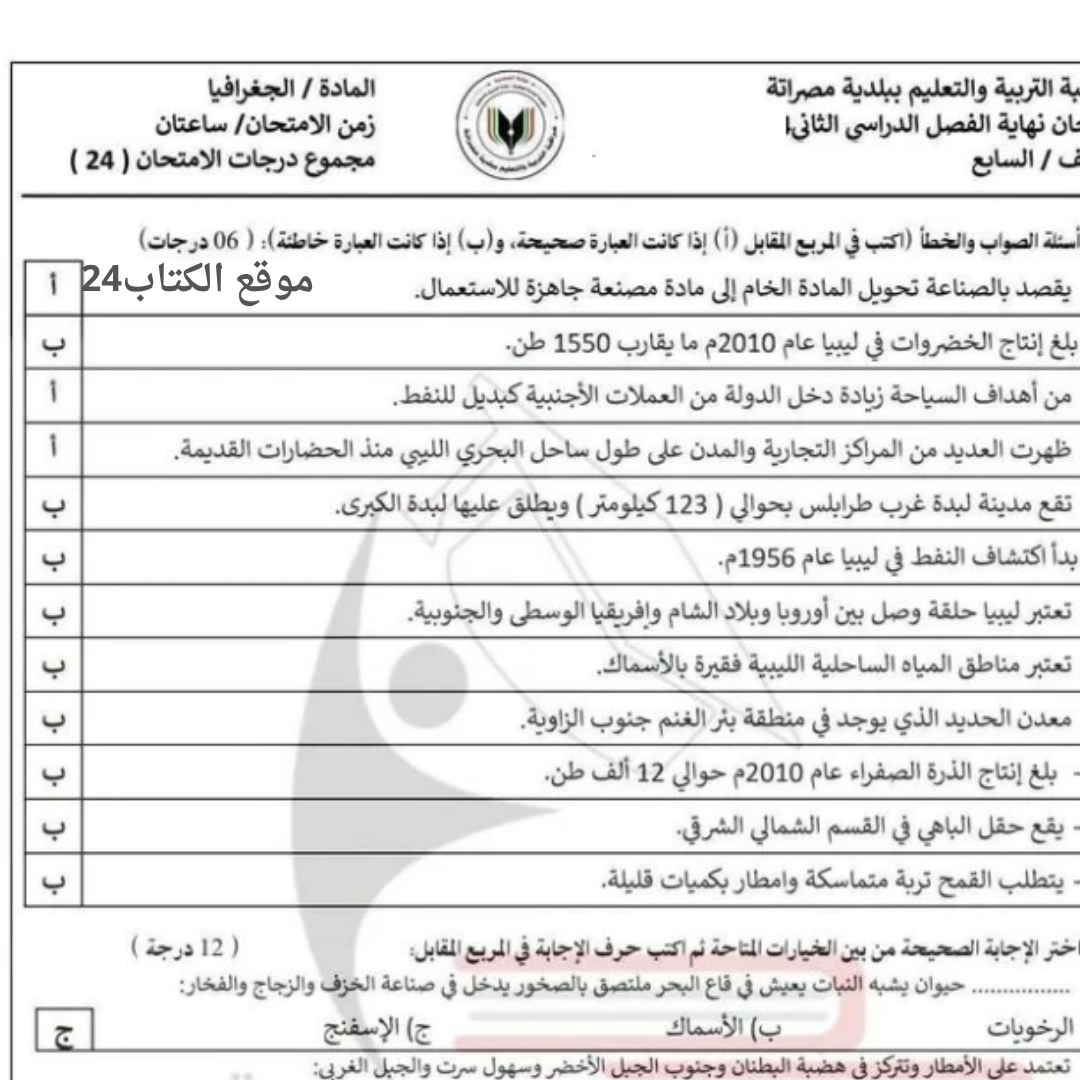 امتحان نهائي مادة الجغرافيا الصف السابع الاساسي الفصل الثاني ليبيا