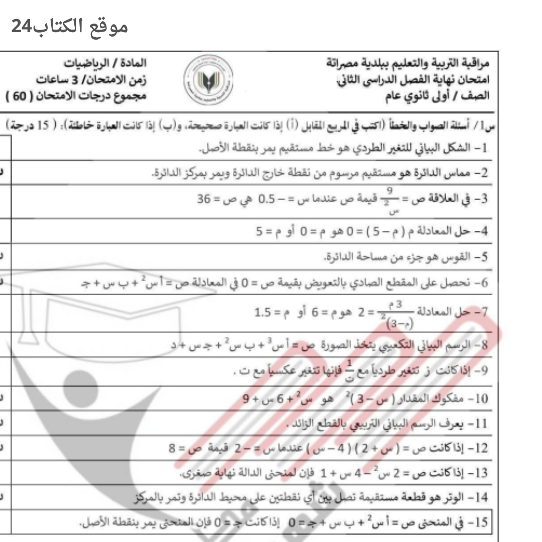 امتحان نهائي الرياضيات الصف الاول الثانوي الفصل الثاني ليبيا