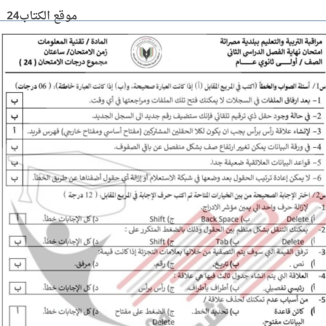 امتحان نهائي تقنية المعلومات اول ثانوي الفصل الثاني ليبيا