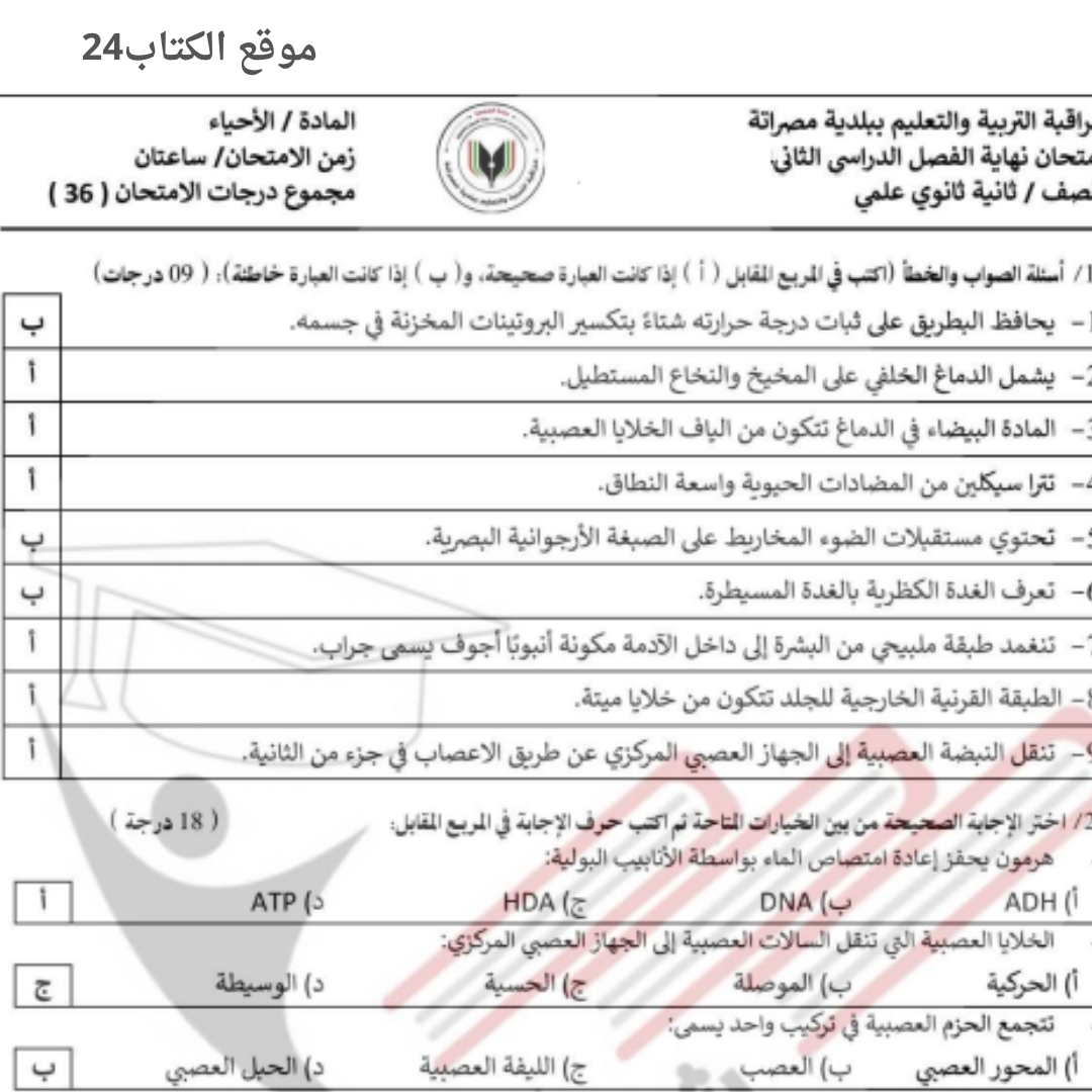 امتحان نهائي الاحياء الصف الثاني الثانوي الفصل الثاني ليبيا
